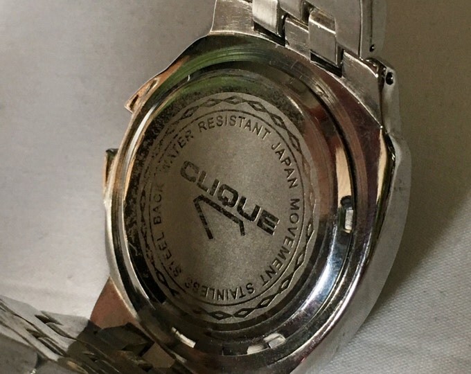 Storewide 25% Off SALE Vintage Clique Stainless Steel Chronograph Quartz Sportsman Watch Featuring Illuminescent Tachymeter Bezel