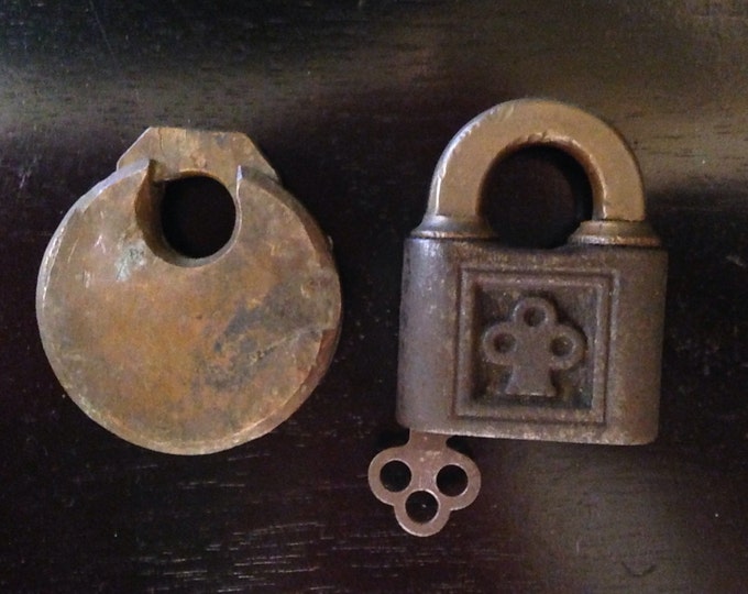 Storewide 25% Off SALE Very Old Antique Pair of YALE & Champion 6 Lever Padlocks Featuring all Original Detail Work and Skeleton Key