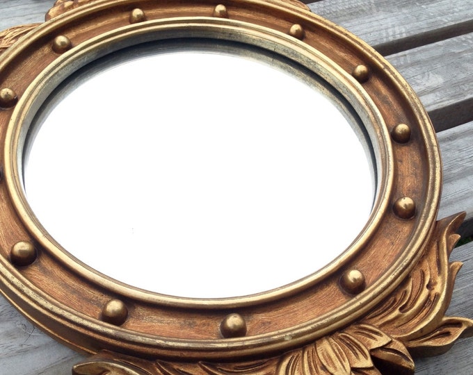 Storewide 25% Off SALE Vintage Gold Tone Colonial Federal Bullseye Style Convex Mounted Wall Mirror Featuring Iconic American Eagle Design