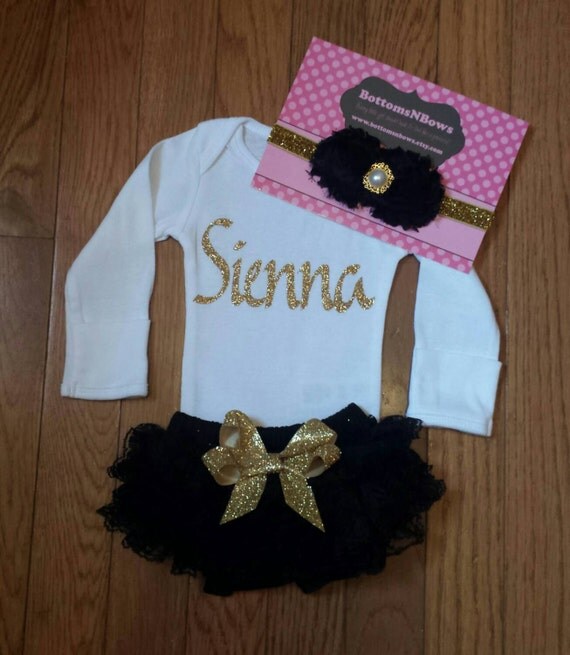 Gold Glitter Vinyl with personalized name Onesie Black Lace