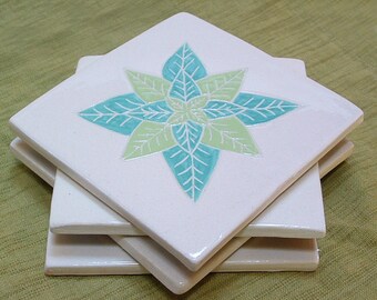 Tile Coaster set of 4, turquoise & lime green leaf/tile coasters /gift set