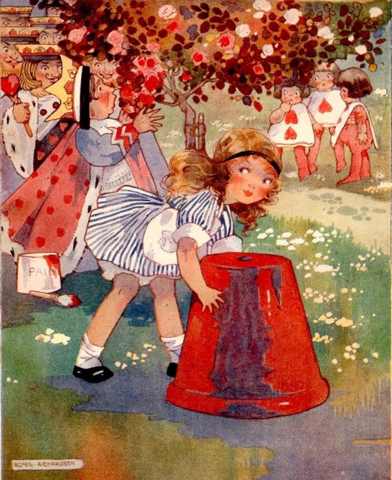 ALICE in WONDERLAND Kinder Print 1920 - Agnes Richardson - het schilderen van de rozen rood - Alice stond nog & wachtte - gematteerd klaar voor Frame