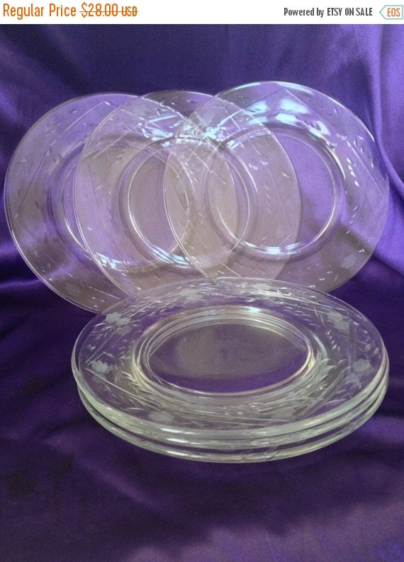 Etched Glass Luncheon Plates Wheel Cut by VisualaromasVintage