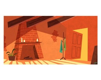 Orange Retro Living Room, 8.5x11 Print