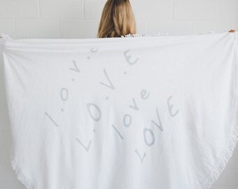 Round Beach Towel Love Always Silver Grey White Fringe Thick Luxury Cotton Velour For Comfort Round Beach Towel Love Always Silver Grey White Fringe Thick Luxury Cotton Velour For Comfort