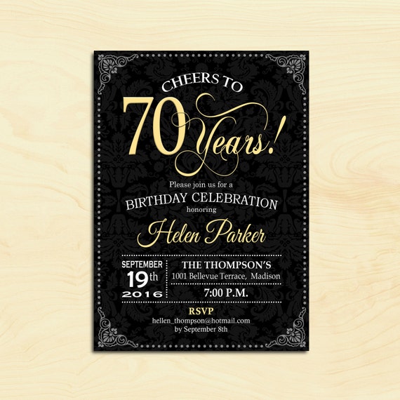70th Birthday Invitation / Any Age / Cheers to 70 Years / Gold