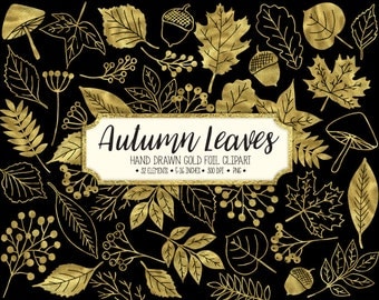 SALE. Fall Leaf Clip Art. Gold Autumn Leaves Clipart. Metallic Autumn Foliage, Acorn, Mushroom Clip Art. Hand Drawn Doodle Gold Fall Leaves