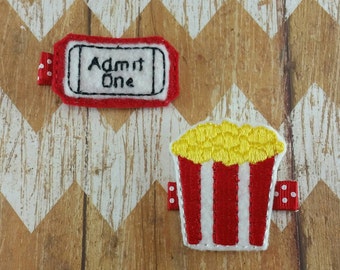 Movie night hair clippies, movie ticket hair clippie, popcorn hair clippie, hair clippies, girls hair clips, popcorn and a movie hair clips