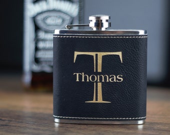 Black Leather Flask, Groomsman Gift, Best Man, Personalized Gift, Personalized Groomsmen Flask Wedding Gift, Leather Wrapped Flask