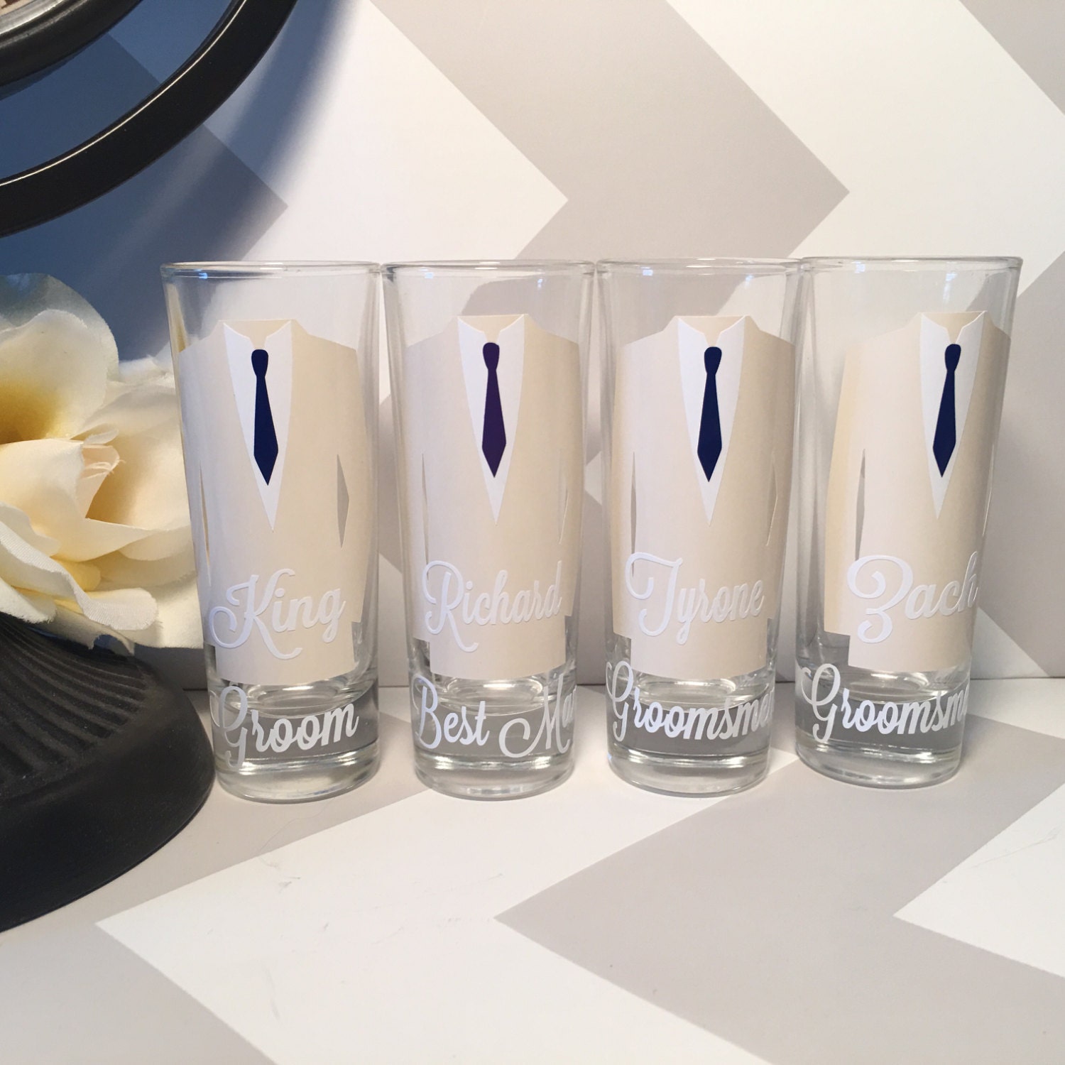Personalized Shot Glasses with Tuxes Groomsmen Wedding