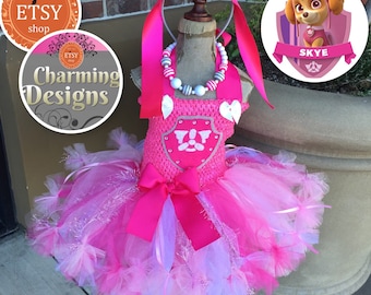 3piece set - Skye inspired tutu dress, fully LINED TOP - Paw Patrol - Petticoat Dress, Aviator Headband & Necklace - by Charming Designs