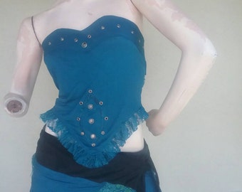 Aqua blue studded festival steampunk pixie punk stapless wrap around top.