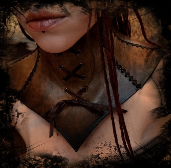 Handmade brown leather neck corset by Goussette steampunk buy now online