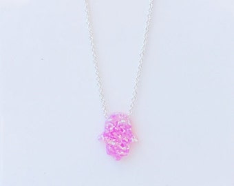 Pink opal hamsa hand necklace from size 12" to 18" inch long chain in sterling silver box or link chain, waterproof, BEST ONLINE PRICE