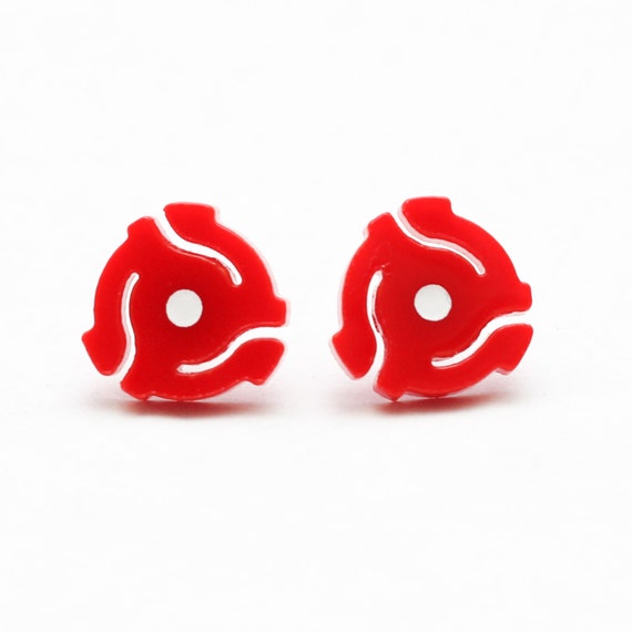 Red Acrylic 45 Record Spacer Stud Earrings
