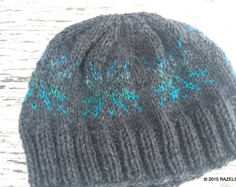 OMBRE Snowflake Hat, OMBRE BEANIE, Knit Ombre Hat, Blue Snowflakes, Knit Beanie Adult, Ombre Hat, Womens Snowflake Hat