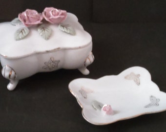 Vintage Footed Porcelain Cigarette Box & Ashtray With Raised Pink Roses and Hand Painted Gold Butterflies