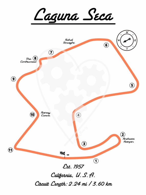 Digital Download Art Print Laguna Seca Race Track Map Orange