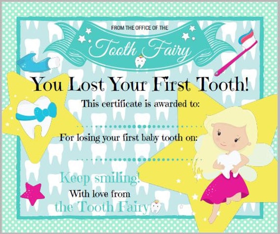 tooth fairy certificate for first lost tooth