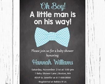 Little Man Baby Shower Invitation Boy, Blue Bow Tie Baby Boy Shower Invitation, Chalkboard Digital JPEG PDF Printable