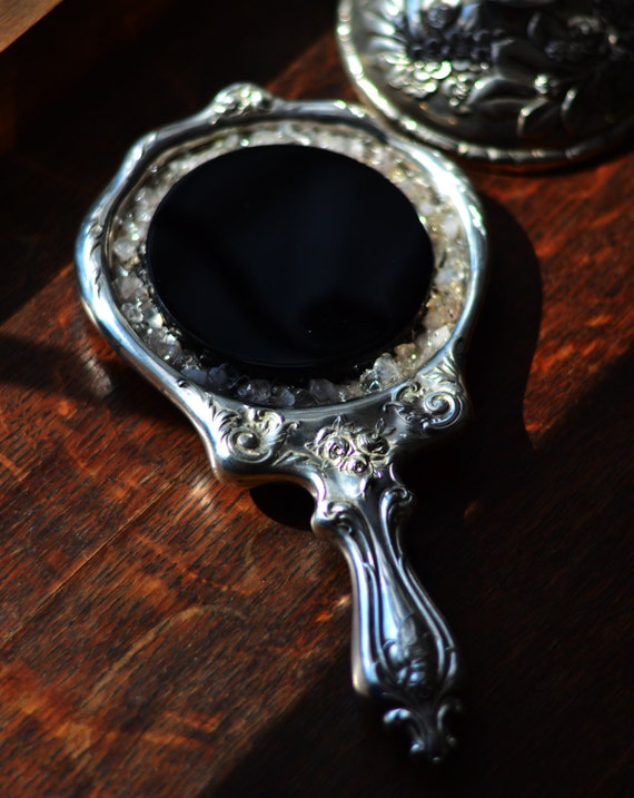 OBSIDIAN SILVER MIRROR with rose quarts and crystal quartz