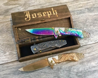 Wolf design pocket knife with engraved Gift Box, 3 color choices, spring assisted opening, cool and unique