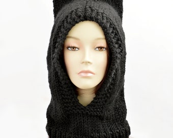 Cat Ear Beanie, Hood Hat, Black Cat Ear Hat, Balaclava Hat, Hat Scarf Hood, Bonnet Femme, Cat Beanie, Knit Cat Hat, Animal Ear, Woman Beanie