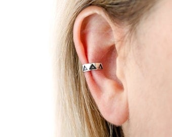 Sterling Silver Ear Cuff Earring Black Triangle Ear Wrap Earrings Boho Jewelry - ECU004