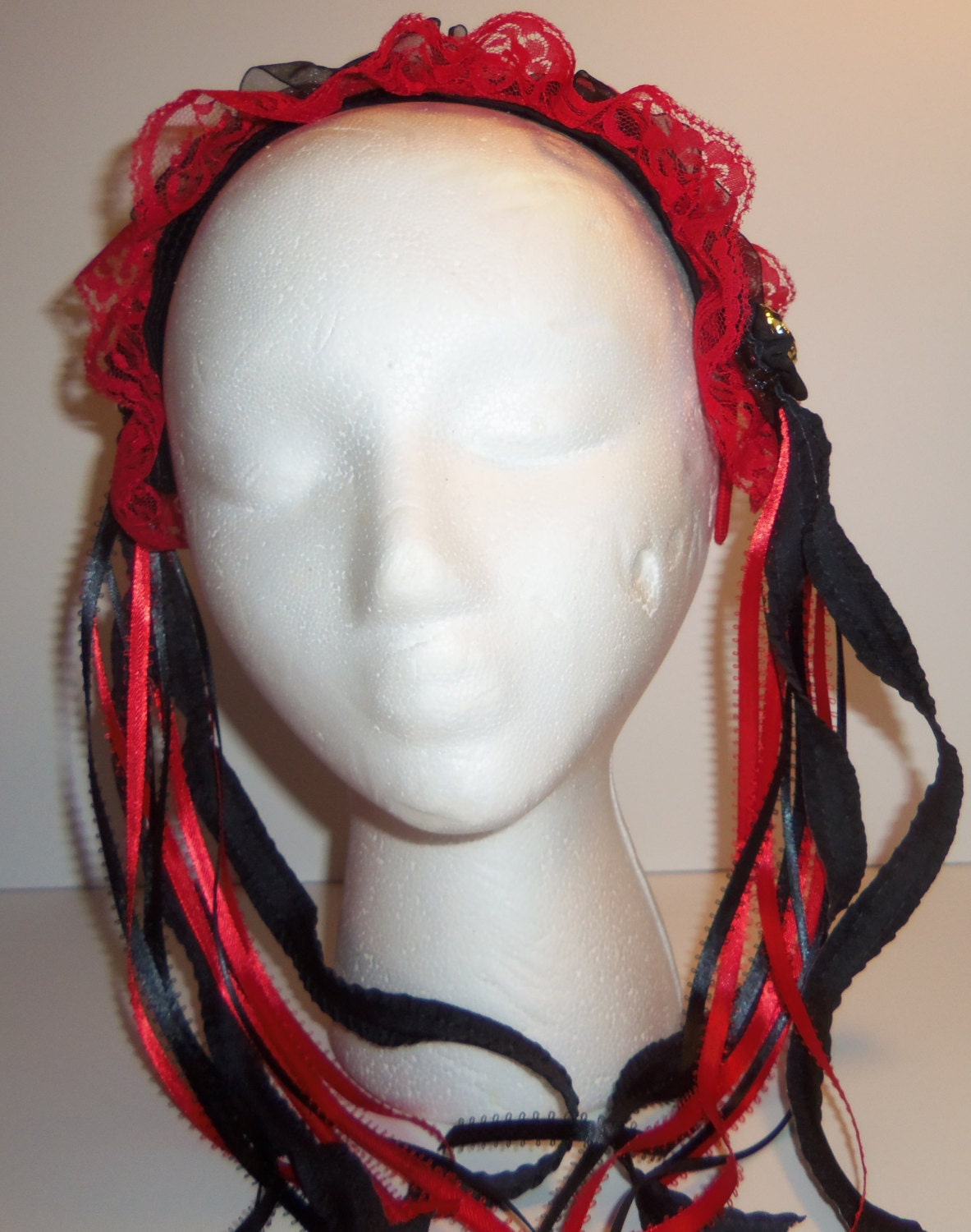 Lolita Maid Lace Headband with Ribbons and Rosettes in Red and