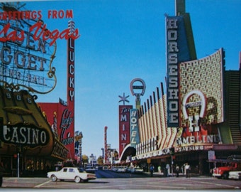 Vintage USA postcard.Las Vegas.Nevada.Glitter Gulch.Freemont Street.Ephemera.Collectible.Memorabilia.Classic cars.Vintage street.Casino.
