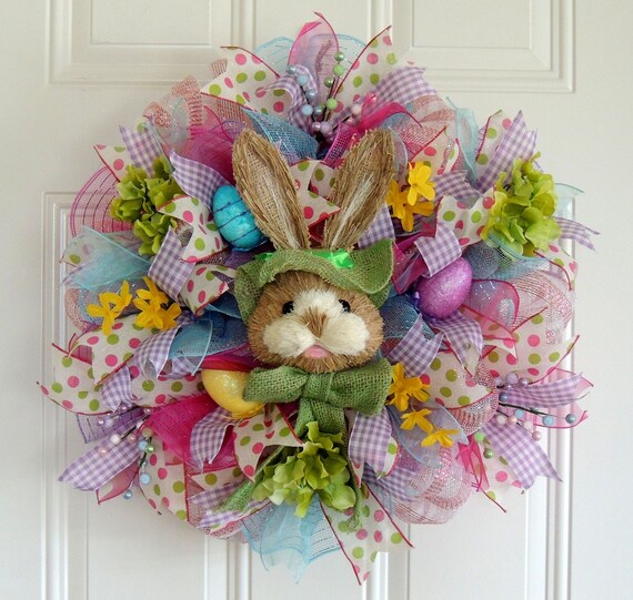 Items similar to Pink purple Easter Bunny Wreath, Deco Mesh White ...