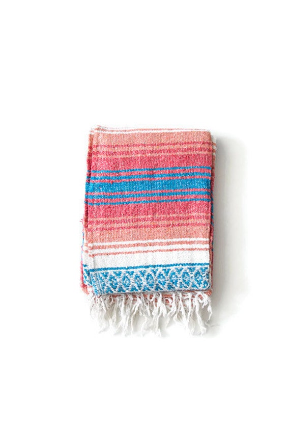 Coral & Blue Mexican Blanket Authentic Vintage Handwoven