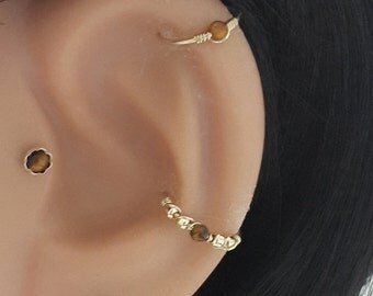 Natural Tiger's Eye 2-3mm Helix Ring -Gold Cartilage Earring - Tiny Silver Hoop Ring- 16-22 Gauge 7-12mm Inner Diameter- Bohemian Jewelry