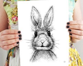Bunny Rabbit - art print- childrens art - Daisy Chain - Digital copy of etching