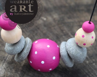 necklace -beaded necklace- Pretty in Pink - Hand painted - pink and white spots - cement