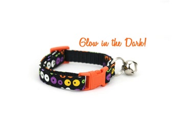 Halloween Cat Collar with Bell Breakaway Safety Black Orange Eyes Glow in the Dark Eyeball Cat Collar