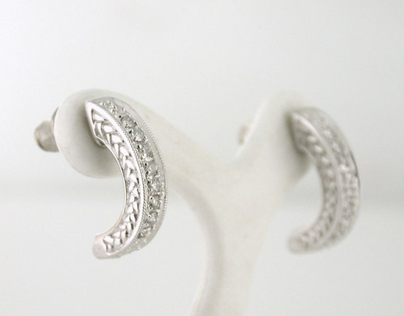 Designer Half Carat Diamond Engraved Half Hoop Earrings - 14k white gold, post backs.