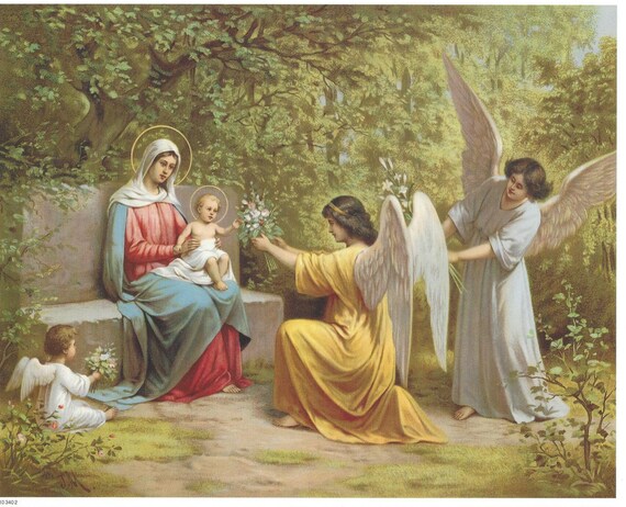 Virgin Mary and Child Jesus with Angels Catholic picture Print