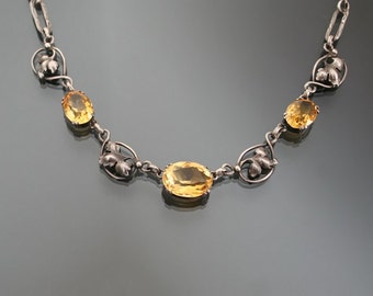 Jugendstil Citrine Bezel Necklace. Silver 800. Antique Art Nouveau Floral Jewelry