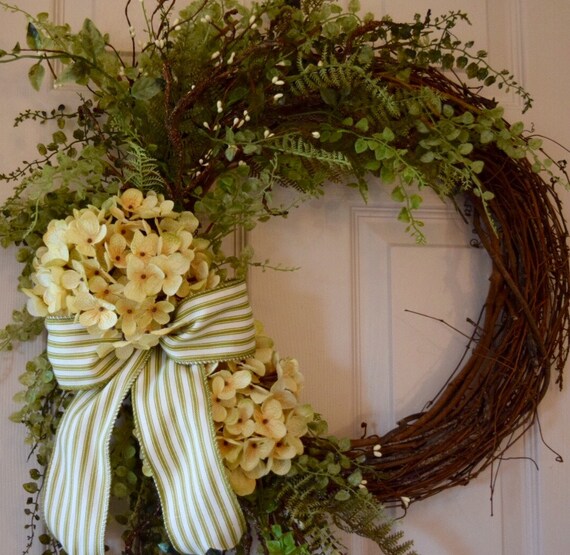 Sage Green and Cream Hydrangea with Foliage Grapevine Wreath