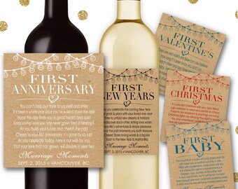 Custom Marriage Milestones Wine Labels & Champagne Labels Kraft Paper Rustic Wedding Gift Bridal Shower Poems First Anniversary - Item #MM6