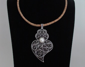 Portuguese necklace, viana's heart necklace, portuguese filigree, cork necklace with filigree pendant, portuguese jewelry