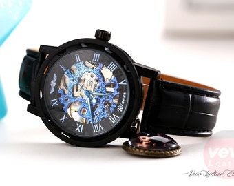 Steampunk Watch Mens Mechanical Roman Wristwatches Hollow Dial Cool Leather Wrist Watch Retro Cool Watch Wedding Groomsman Christmas Gifts