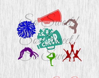 Cheer Pack SVG / DXF Variety Cut Files Poses Pom Pom Megaphone Cheerleader Cut File Silhouette Svg Dxf Cheear Team Monogram Cheerleading Svg