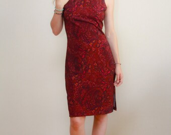 MY MICHELLE | Red-Multi Vintage Paisley Dress | Mock Neck Sleeveless Dress | Knee Length Dress | Medium | LF.A16