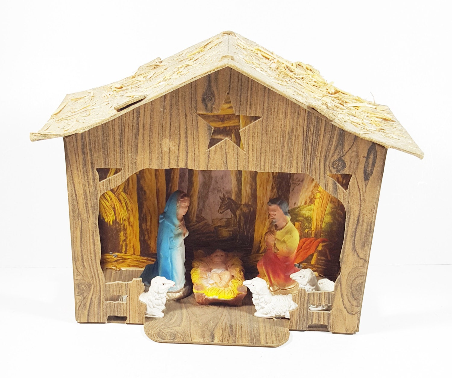 Vintage Cardboard and Chalkware Nativity Scene. Vintage