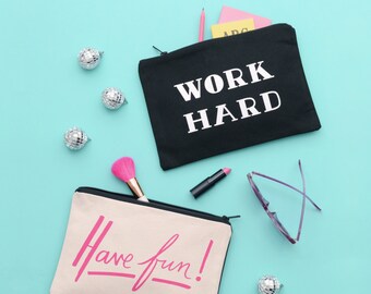 Pencil Pouch - Makeup Brush Holder - Stationery Case - Large Canvas Zipper Pouch - Have Fun/Work Hard Double-sided Pouch - Alphabet Bags