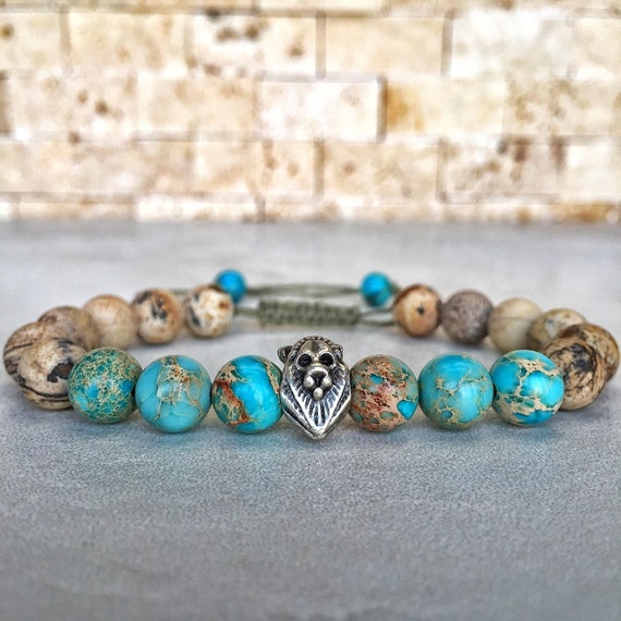 Mens Lion Bracelet Mens Jasper Bracelet Variscite by Miaudesignco
