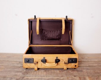 Vintage French Leather Suitcase with Black Metal Fittings, Excellent Condition, Valise, Weekend Bag, Deep Purple Satin Lining, Keys, Unused