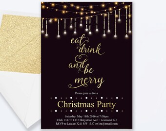 Christmas Party Invitation - Holiday Invitation - Holiday Invite - Christmas Party Invite - Gold and Sparkle Fairy Lights